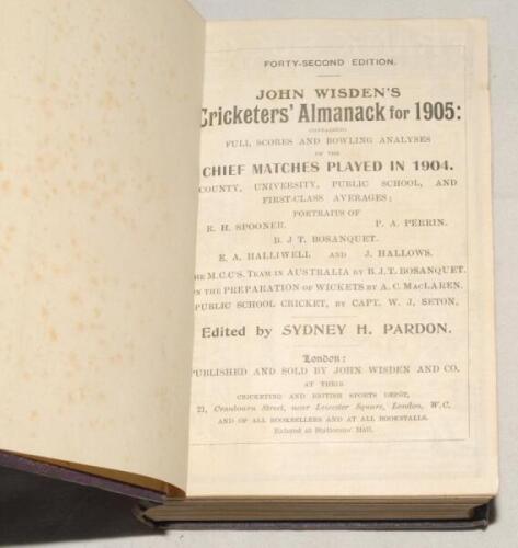 Wisden Cricketers’ Almanack 1905 and 1906. 42nd & 43rd editions. Both bound in uniform mauve/blue boards, lacking original paper wrappers and advertising pages, with gilt title to spine. The 1905 edition has some breaking to the internal hinges, some colo