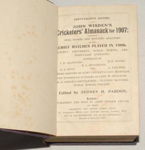 Wisden Cricketers’ Almanack 1907 and 1908. 44th & 45th editions. Both bound in uniform mauve/blue boards, lacking original paper wrappers and advertising pages, with gilt title to spine. Some colour discolouration and slight wear to boards, some minor fox