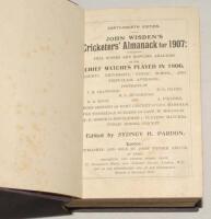 Wisden Cricketers’ Almanack 1907 and 1908. 44th & 45th editions. Both bound in uniform mauve/blue boards, lacking original paper wrappers and advertising pages, with gilt title to spine. Some colour discolouration and slight wear to boards, some minor fox