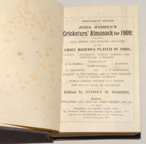 Wisden Cricketers’ Almanack 1909, 1911 and 1915. 46th, 48th and 52nd editions. All three bound in uniform mauve/blue boards, lacking original paper wrappers and advertising pages, with gilt title to spine. Some colour discolouration and slight wear to boa