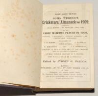 Wisden Cricketers’ Almanack 1909, 1911 and 1915. 46th, 48th and 52nd editions. All three bound in uniform mauve/blue boards, lacking original paper wrappers and advertising pages, with gilt title to spine. Some colour discolouration and slight wear to boa