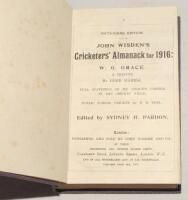 Wisden Cricketers’ Almanack 1916 and 1917. 53th & 54th editions. Two volumes bound as one in mauve/blue boards, both lacking the original wrappers and advertising pages, with gilt title to spine. Some colour discolouration to rear board, minor foxing othe