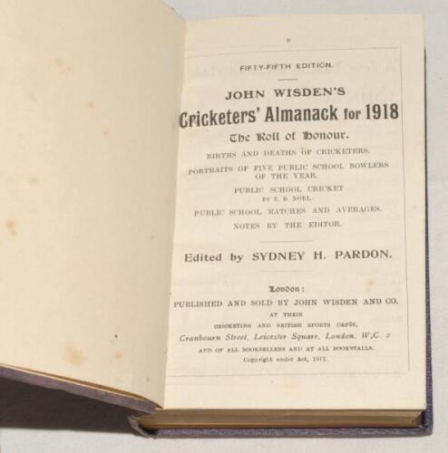 Wisden Cricketers’ Almanack 1918 and 1919. 55th & 56th editions. Two volumes bound as one in mauve/blue boards, both lacking the original wrappers and advertising pages, with gilt title to spine. Some colour discolouration to boards, minor foxing otherwis