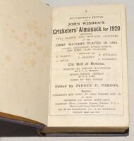 Wisden Cricketers’ Almanack 1920, 1921 and 1922. 57th to 59th editions. All three bound in uniform mauve/blue boards, lacking original paper wrappers and advertising pages, with gilt title to spine. Some colour discolouration and slight wear to boards, so