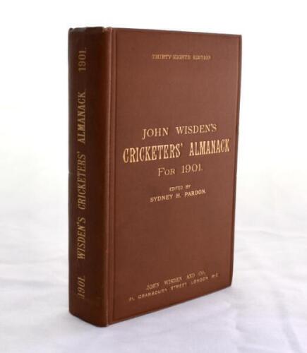 Wisden Cricketers’ Almanack 1901. 38th edition. Original hardback. Very minor bumping to board extremities, ink signature to inside front board, very slight foxing to page block edge otherwise in excellent condition with gilt titles bright to front board 