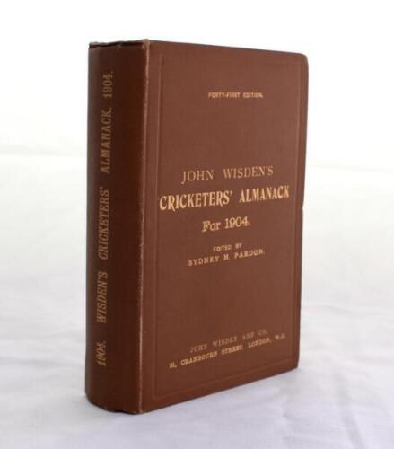 Wisden Cricketers’ Almanack 1904. 41st edition. Original hardback. Very minor bumping to board extremities, some foxing to page block edge otherwise in excellent condition with gilt titles bright to front board and spine paper. A rare early hardback edit