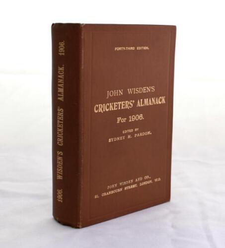 Wisden Cricketers’ Almanack 1906. 43rd edition. Original hardback. Slight cracking to front internal hinge otherwise in superb condition throughout with gilt titles to front board and spine paper bright. A rare early hardback edition. Not often seen in su