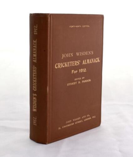 Wisden Cricketers’ Almanack 1912. 49th edition. Original hardback. Excellent condition throughout with gilt titles to front board and spine bright. A rare pre-war hardback edition. Not often seen in such wonderful condition