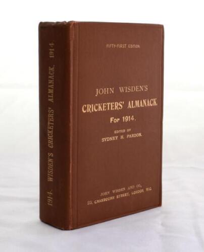 Wisden Cricketers’ Almanack 1914. 51st edition. Original hardback. Very good to excellent condition throughout with gilt titles to front board and spine bright. A rare pre-war hardback edition