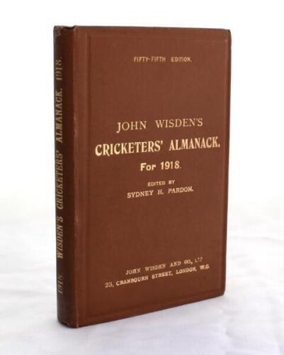 Wisden Cricketers’ Almanack 1918. 55th edition. Original hardback. Excellent condition throughout with gilt titles to front board and spine paper bright. A rare wartime hardback edition. Not often seen in such wonderful condition