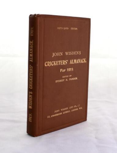 Wisden Cricketers’ Almanack 1919. 56th edition. Original hardback. Excellent condition throughout with gilt titles to front board and spine paper bright. A rare wartime hardback edition. Not often seen in such wonderful condition