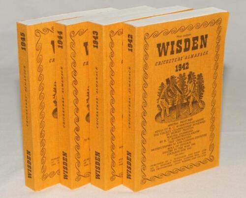 Wisden Cricketers’ Almanack 1942, 1943, 1944 and 1945. Willows reprints in softback covers. The 1942 edition is a limited edition 733/750, the 1943, 730/500, the 1944, 659/750 and the 1945, 708/500. Very good condition