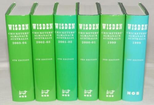 Wisden Cricketers’ Almanack- Australia. Six Almanacks for 1998 (1st Edition), 1999, 2000-01, 2001-02, 2002-03 and 2003-04. Original hardbacks with dustwrappers. Some light fading to the dustwrapper spine paper of the 1998 edition otherwise in good/very go