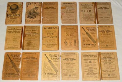 Wisden Cricketers’ Almanack 1905 to 1940. A collection of original wrappers for books for the period stated. The wrappers consist of front and rear wrappers for issues dated 1907, 1912, 1913, 1921 (plus pp 3-14), 1922, 1923, 1924, 1925, 1929, 1930, 1932, 