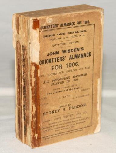 Wisden Cricketers’ Almanack 1906. 43rd edition. Original paper wrappers. Both wrappers detached, old tape mark to spine edge of the wrappers, wear with loss to both wrappers, lesser to the front wrapper, spine block broken, wear and loss to the spine pape