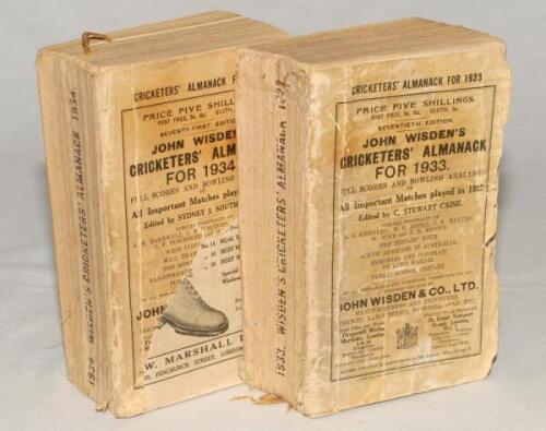 Wisden Cricketers’ Almanack 1933 and 1934. 70th & 71st editions. Original paper wrappers. Both editions with faults, the 1933 with poor wrappers suffering damage and loss, age toning etc, some bowing to spine and some loss to spine paper, internally fair 