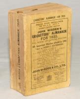 Wisden Cricketers’ Almanack 1935. 72nd edition. Original paper wrappers. Some breaking to page block, some wear, staining, age toning to wrappers, vertical crease to front and rear wrappers, some wear with slight loss to spine paper, good internally