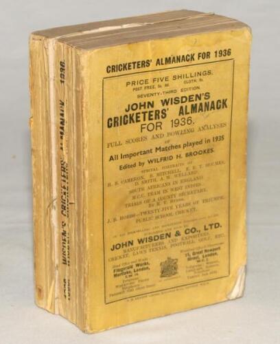 Wisden Cricketers’ Almanack 1936. 73rd edition. Original paper wrappers. Page block broken, book in two neat parts, some loss to the spine paper, wear and some soiling to wrappers, some wear to corners of outer page edges otherwise in good condition