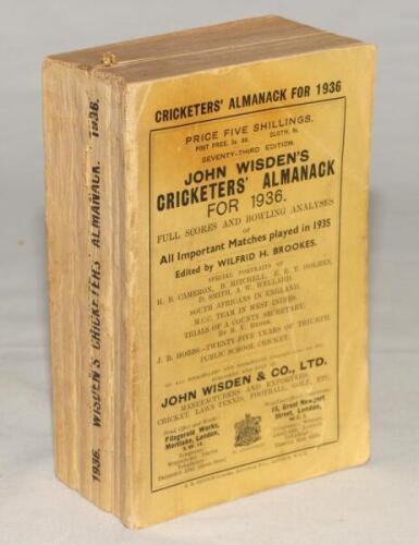 Wisden Cricketers’ Almanack 1936. 73rd edition. Original paper wrappers. Some breaking to page block, some minor wear and staining to wrappers, light corner crease to top right hand corner of the front wrapper, slight wear to spine paper otherwise in good