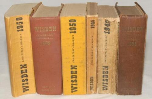 Wisden Cricketers’ Almanack 1938, 1940, 1945, 1950, 1953 and 1958. The 1938 and 1953 are original hardback editions, the other three have original cloth covers. the 1938 hardback with worn boards, the gilt titles faded, broken internal hinges at front and