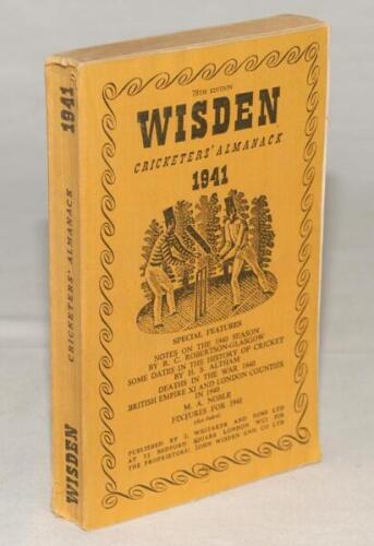 Wisden Cricketers’ Almanack 1941. 78th edition. Original limp cloth covers. Only 3200 paper copies printed in this war year. Some bowing to the spine, slight breaking to the inside hinge of the front cover otherwise in good+ condition. Rare war-time editi