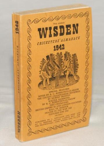 Wisden Cricketers’ Almanack 1942. 79th edition. Original limp cloth covers. Only 4100 paper copies printed in this war year. Very good condition. Rare war-time edition