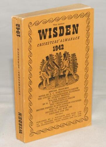 Wisden Cricketers’ Almanack 1942. 79th edition. Original limp cloth covers. Only 4100 paper copies printed in this war year. Good/very good condition. Rare war-time edition