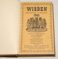 Wisden Cricketers’ Almanack 1945. 82nd edition. Original limp cloth covers,nicely bound in brown boards with gilt titles to spine, colourful mottled page edges. Only 6500 paper copies printed in this war year. Very good condition. Rare war-time edition