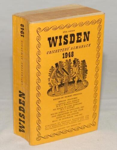 Wisden Cricketers’ Almanack 1948. Original limp cloth covers. Very minor bowing to spine, standard browning to page edges due to war-time paper otherwise in unusually very good condition