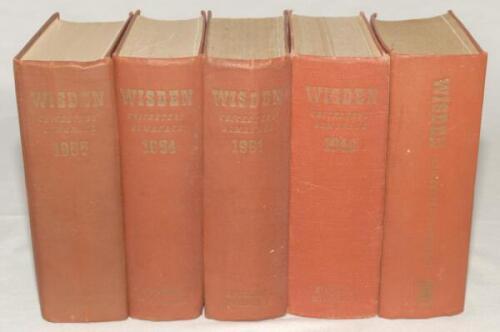 Wisden Cricketers’ Almanack 1947, 1949, 1951, 1954 and 1955. Original hardback editions. All editions with some fading to gilt titles, both on the front board and the spine. The 1949 and 1951 editions with breaking to internal hinges at front and rear, mi