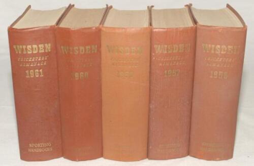 Wisden Cricketers’ Almanack 1956, 1957, 1958, 1960 and 1961. Original hardback editions. All editions with some fading to gilt titles, both on the front board and the spine. The 1957 edition with breaking to internal hinges at front and rear, minor faults