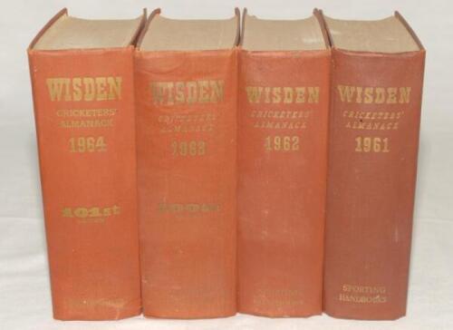 Wisden Cricketers’ Almanack 1961 to 1964. Original hardback editions. All with fading to the gilt titles on the spines, the gilt titles on the front board in generally good/very good condition. Name of ownership written in ink to the front of the 1961 edi