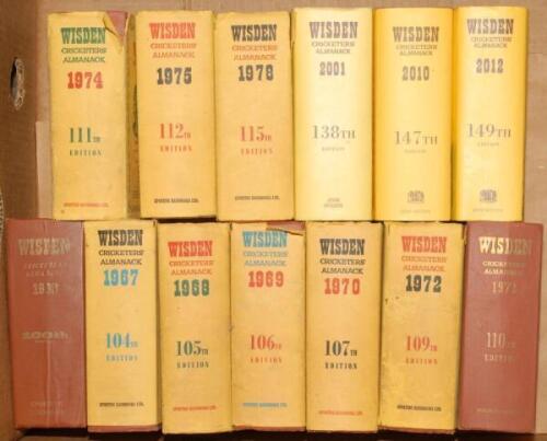 Wisden Cricketers’ Almanack 1963, 1967 to 1970, 1972 to 1975, 1978, 2001, 2010 and 2012. Original hardback editions with dustwrapper (mostly tatty) where required with the exception of the 1973 which is lacking dustwrapper. The 1963 edition with broken re