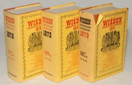 Wisden Cricketers’ Almanack 1970, 1972 and 1975. Original hardback editions with dustwrapper. The 1970 edition with wear and some soiling to the dustwrapper, the other two editions in good/very good condition. Qty 3