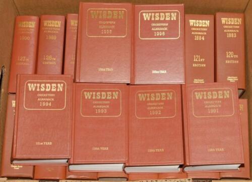 Wisden Cricketers’ Almanack 1975 to 1996. Original hardback editions, lacking dustwrappers. Some vertical creasing to the front board of the 1969 edition, odd very minor faults otherwise in very good condition. Qty 22