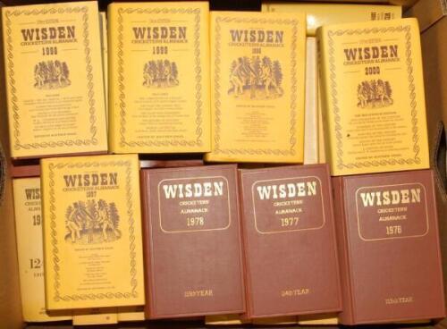 Wisden Cricketers’ Almanack 1976 to 2000. Original hardback editions, 1976 to 1982 and 1990 editions lacking dustwrappers, the other editions with dustwrapper. Very good condition. Qty 25