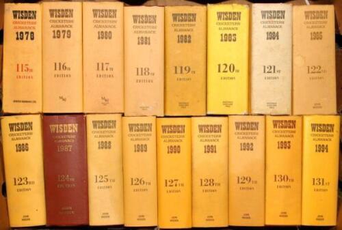 Wisden Cricketers’ Almanack 1978 to 1999. Original hardback editions with dustwrapper with the exception of the 1987 edition which is lacking. Some light fading to the spine of the odd dustwrapper spine, minor wear to odd dustwrapper otherwise in good con