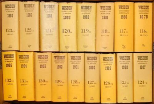 Wisden Cricketers’ Almanack 1979 to 1995. Original hardback editions with dustwrapper. Odd faults to dustwrapper edges otherwise in good/very good condition. Qty 17