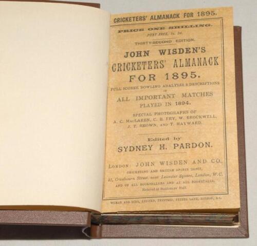 Wisden Cricketers’ Almanack 1895. 32nd edition. Bound in dark brown boards, with facsimile wrappers, and facsimile advert pages at front and rear, with gilt titles to front board and spine, marbled page block edge. Good condition