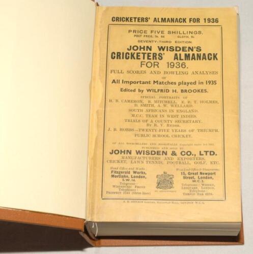 Wisden Cricketers’ Almanack 1936. 73rd edition. Bound in light brown boards, with original wrappers, with gilt titles to spine. Very good condition