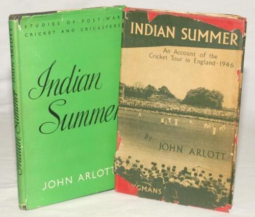 ‘Indian Summer. An account of the cricket tour in England 1946’. John Arlott. Longmans London and Bombay 1947. Two different first editions of Arlott’s first book to be published on cricket, one in navy cloth and green dustwrapper, published in England, t