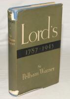 ‘Lord’s 1787-1945’. Sir Pelham Warner. George G. Harrop & Co., London 1946. First edition hardback with dustwrapper, signed to the title page by Warner and dated ‘14. IV 47’. Ownership name of Pat Arlott to front endpaper. Originally from Arlott’s collect