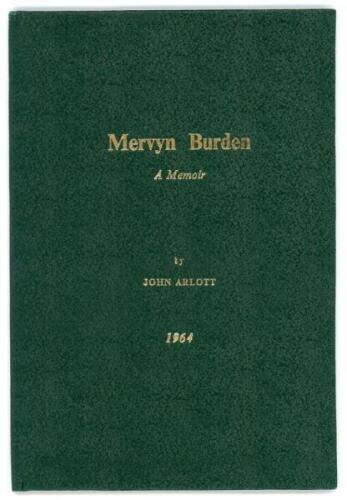 ‘Mervyn Burden. A Memoir’. John Arlott. Boscombe Printing Co. 1964. Privately printed. 8 pages. Limited edition of twenty five copies produced for his Benefit Fund 1965, of which this is no. 17, signed by the author Arlott. Good/very good condition. A rar