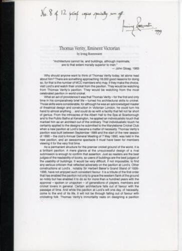 ‘Thomas Verity, Eminent Victorian’. Irving Rosenwater 1999. Limited edition ‘No. 8 of 12 proof copies specially run off’ for private circulation and not for sale, signed by Rosenwater and dated 1999. Three page loosely bound article further annotated by R