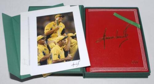 ‘Shane Warne. My Illustrated Career’. Shane Warne. London 2006. Leather hand bound limited edition number 344 of 1000 copies produced, signed by Warne to the limitation page. In green slipcase, including the six limited edition photographs of Warne reprod