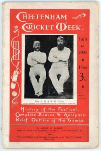 ‘Cheltenham Cricket Week. A Review of the Games from 1878 to 1905. Together with a brief outline of other important matches played in the district’. Alfred D. Taylor. Cheltenham 1906. 2nd Edition, 62pp plus advertising to rear. Padwick 1943. Original deco