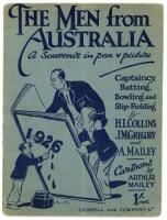 ‘The Men from Australia- a Souvenir in pen & picture’. Captaincy, batting, bowling and slip-fielding by H.L. Collins, J.M. Gregory and A. Mailey. Cartoons by Arthur Mailey. Cassell & Co Ltd. London 1926. Original pictorial covers. Vertical fold, some soil