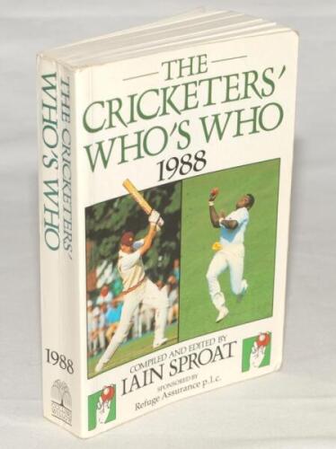 ‘The Cricketers’ Who’s Who 1988’. Iain Sproat. London 1988. Original softback comprising approx. 150 signatures of contemporary cricketers and umpires including Agnew, Asif Din, Bainbridge, Bakker, Barwick, D.& M. Bicknell, Broad, Capel, Cottey, Coverdale