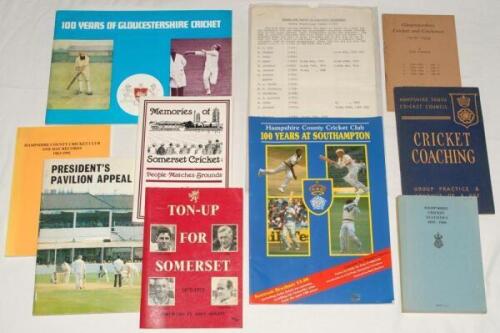 West Country cricket. Box comprising twenty six hardback books and booklets covering cricket history and statistics in Hampshire, Glamorgan, Gloucestershire and Somerset. Signed and limited edition titles include ‘Hampshire Cricket Statisitcs 1895-1968’, 