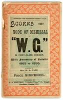 ‘Scores and Mode of Dismissal of “W.G.” in First Class Cricket. With summary of results 1865-1895’. London 1896. Compiled by Rev H.A. Tate. First edition 1895, original decorative colour paper wrappers. Front wrapper partially detached, some loss to spine